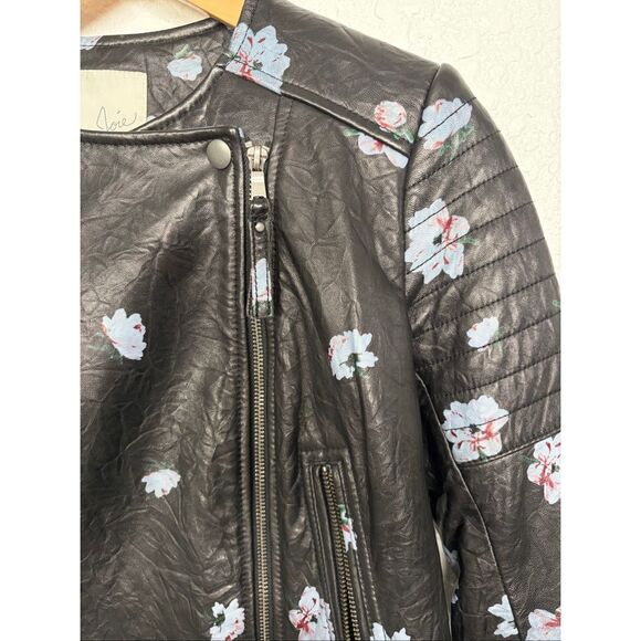 Joie Thisbe Moto Floral Lamb Leather Jacket Caviar Black Size XXS - Picture 6 of 12